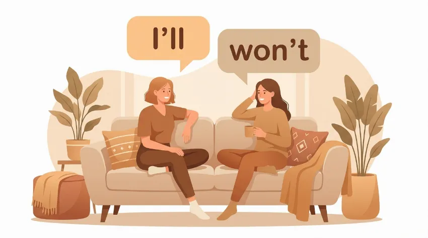 Dve prijatelici med pogovorom uporabljata krajšave I'll in won't.