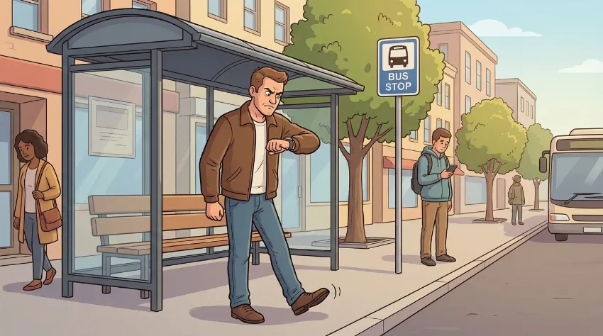 Moški čaka na avtobus in gleda na uro