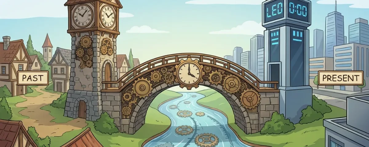 Ilustracija mostu, ki povezuje uro v preteklosti z uro v sedanjosti
