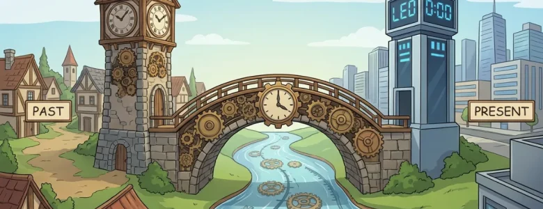 Ilustracija mostu, ki povezuje uro v preteklosti z uro v sedanjosti