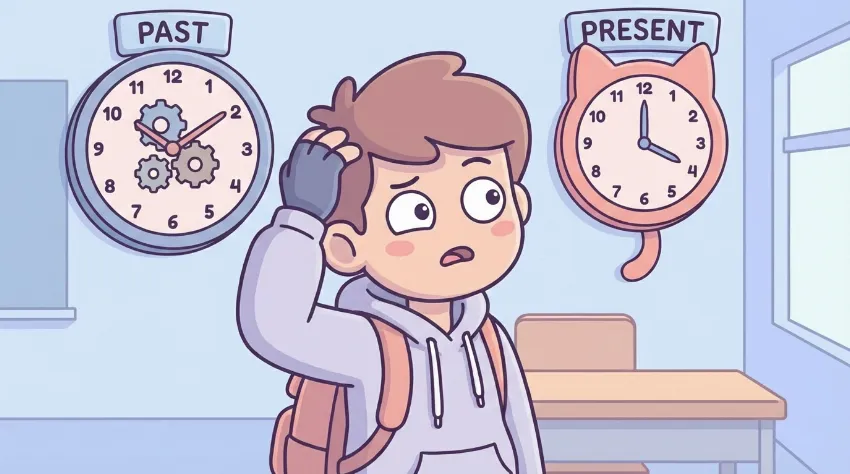 Zmeden učenec razmišlja o razliki med Past Simple in Present Perfect časom.