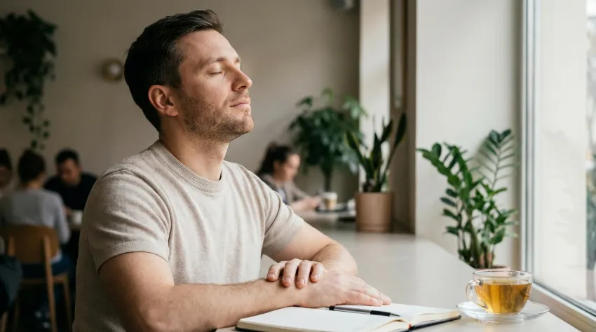 Moški izvaja dihalne vaje za umiritev pred pomembnim sestankom