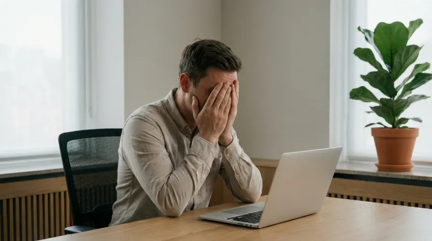 Poslovnež pod stresom na sestanku zaradi jezikovne blokade