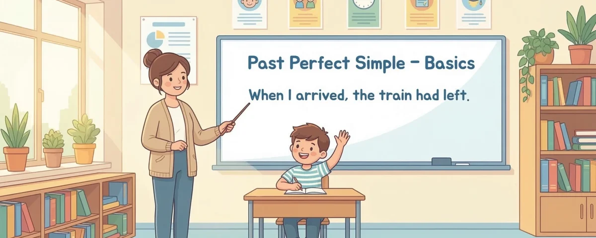 ilustracija učilnice z razlago past perfect simple in primerom when i arrived the train had left na šolski tabli