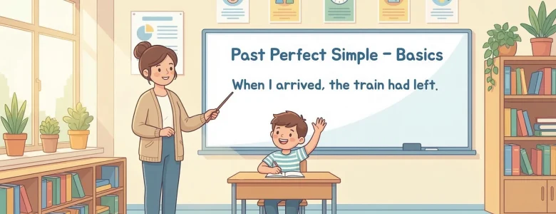 ilustracija učilnice z razlago past perfect simple in primerom when i arrived the train had left na šolski tabli