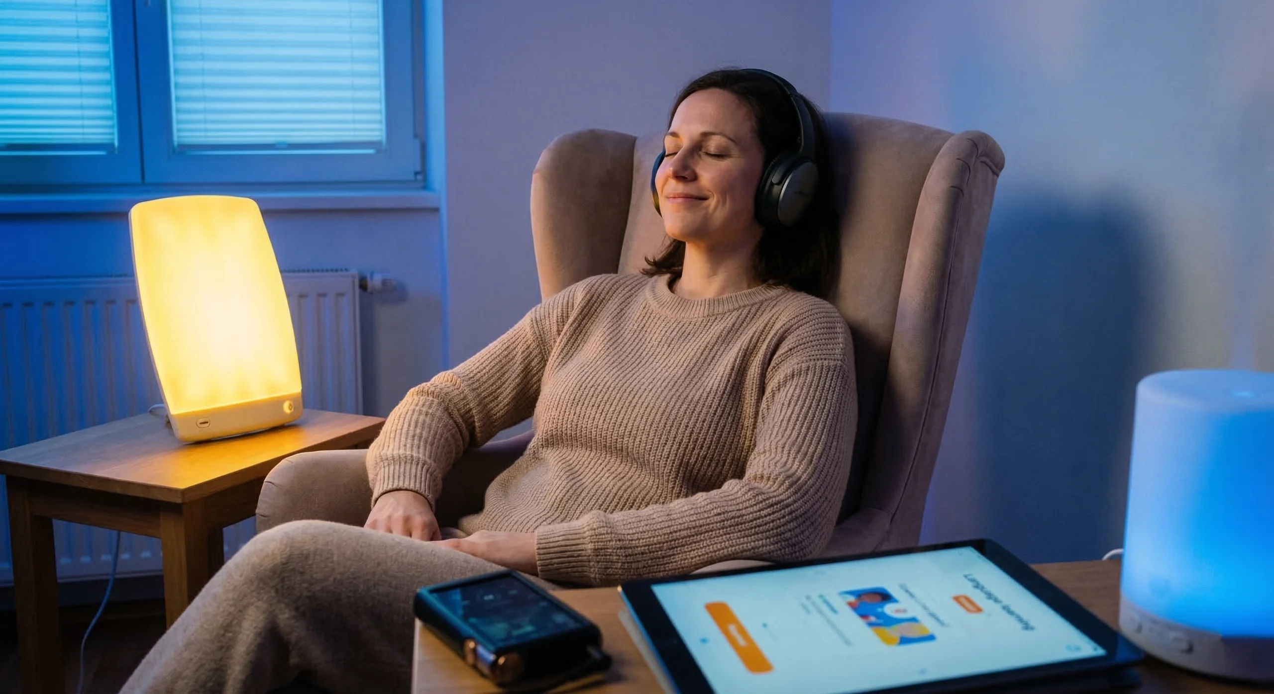 učenje tujega jezika v sproščenem stanju z uporabo slušalk in rumene svetlobe