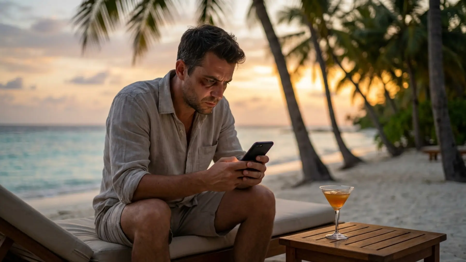 moški na luksuznem dopustu kljub temu doživlja stres in mentalno obremenitev