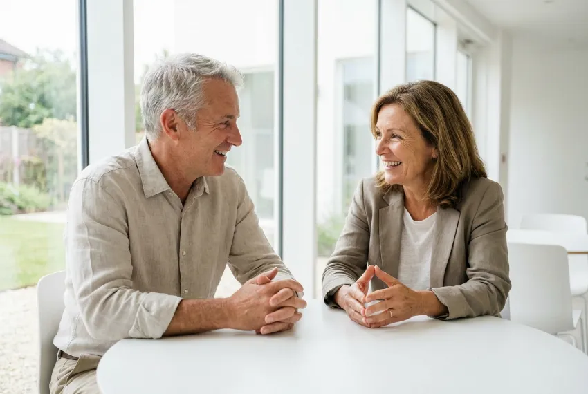 Dva strokovnjaka se sproščeno in z nasmehom pogovarjata v svetlem prostoru.